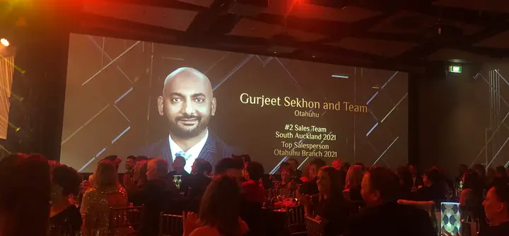 Barfoot & Thompson awards evening 2021: “Gurjeet Sekhon and Team, Otahuhu — #2 Sales Team South Auckland 2021; Top Salesperson Otahuhu Branch 2021”
