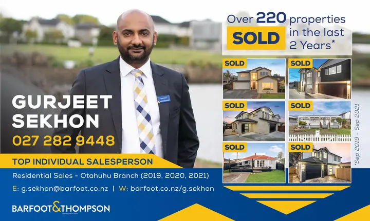 OneRoof advert, Sep 2021: “Over 220 properties SOLD in the last 2 years” (Sep 2019 – Sep 2021); Top Individual Salesperson, Residential Sales – Otahuhu Branch (2019, 2020, 2021)