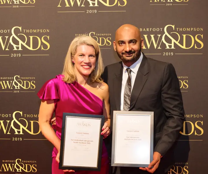 Barfoot & Thompson Awards 2019 certificates for Gurjeet Sekhon: “No.5 Individual Salesperson, South Auckland 2019” and “Top Salesperson, Otahuhu Branch 2019”
